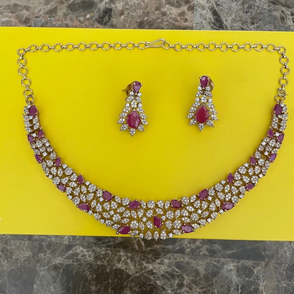 Gold-Tone Necklace & Earring Set with Pink Gem Accents